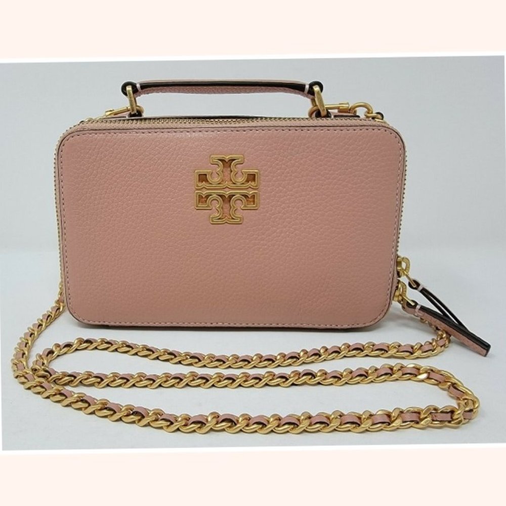 Tory Burch Britten Pink Pebbled Leather Small Top Handle Crossbody Case Bag